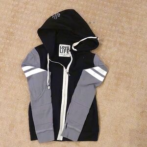Hoodie sweat shirt black and grey white stripes on sleeves